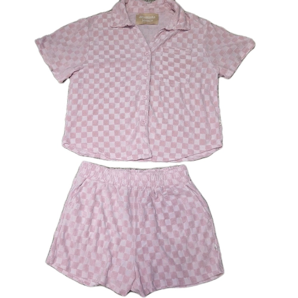 Araminta James Pink Checkered Terry Pajama Set Lounge‎ Sleepwear Size S